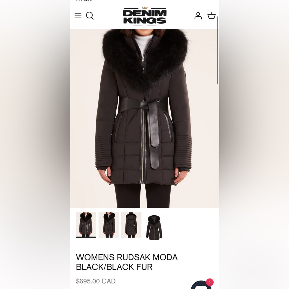RUDSAK Black Puffer Coat with Fur Trim and Leather Belted Waist - Picture 4 of 4